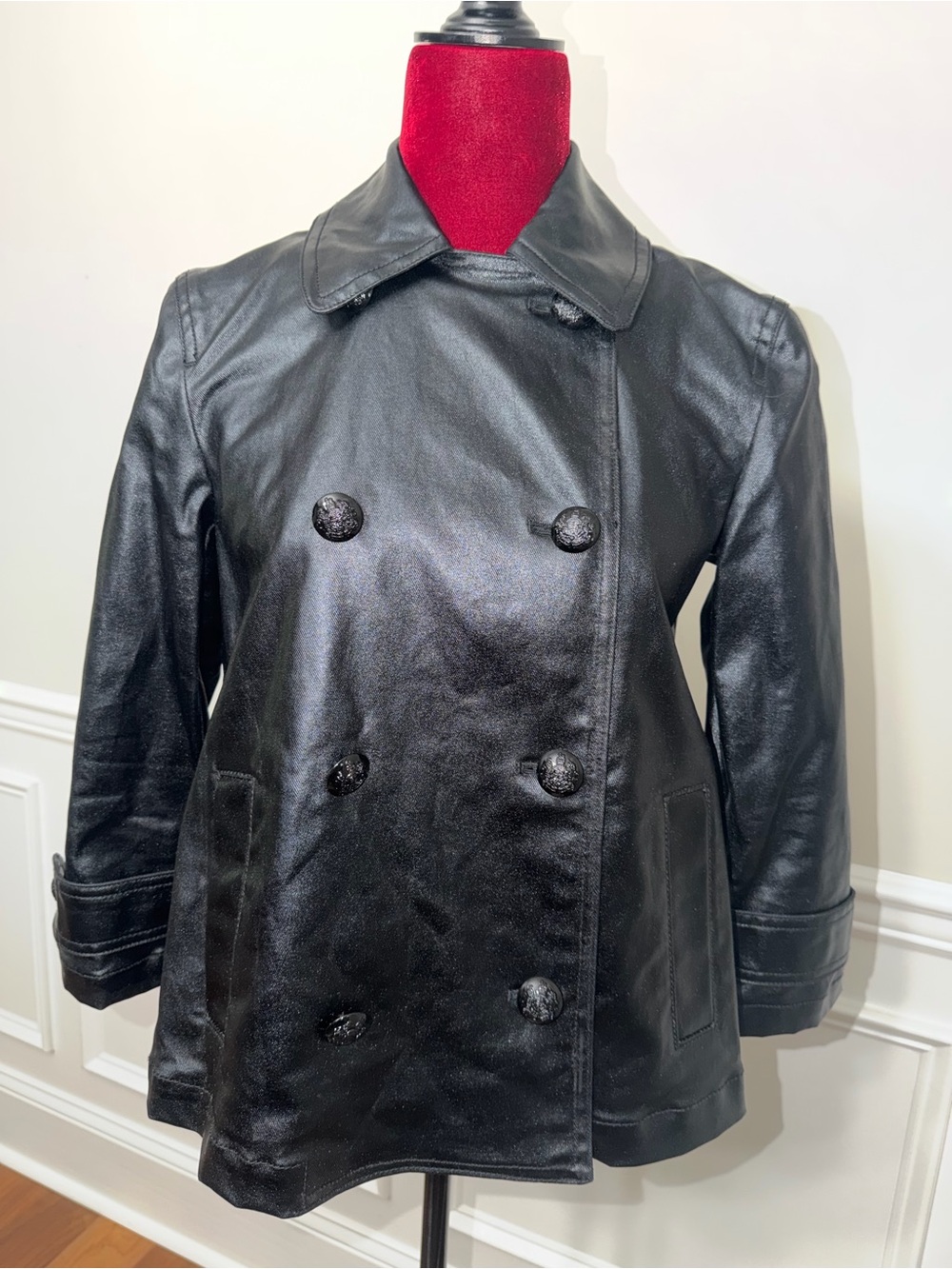 NWT Lauren Ralph Lauren Black Double Breasted Faux Leather Pea Coat Women's S